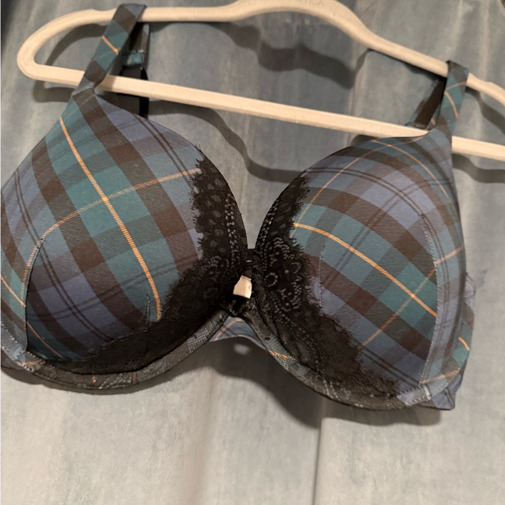 Cacique Blue and Black Plaid Bra with Lace